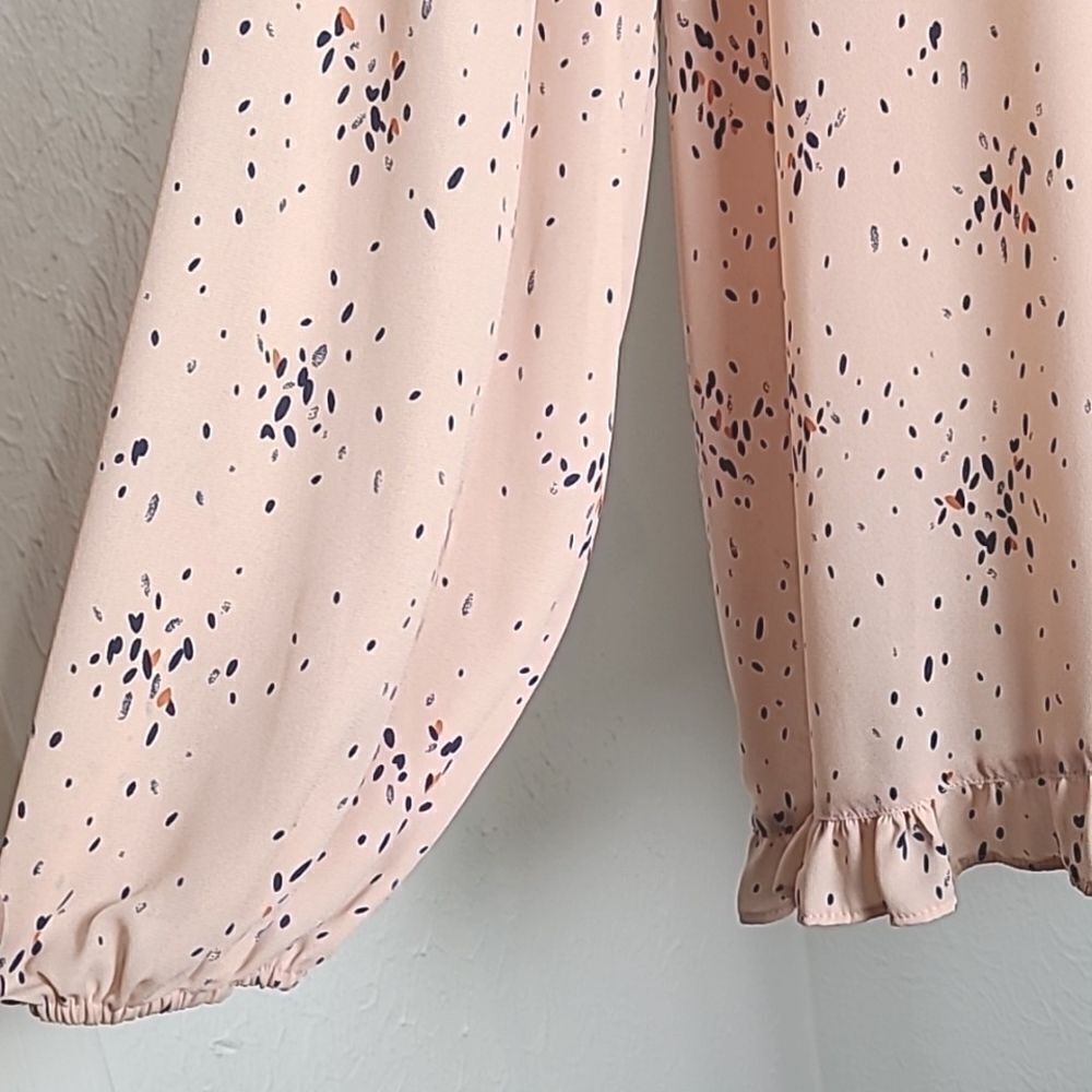a.n.a. Light Pink Blouse, Splashes of Navy, Lace-up Neckline/Ruffles, Sz Large - Picture 6 of 11